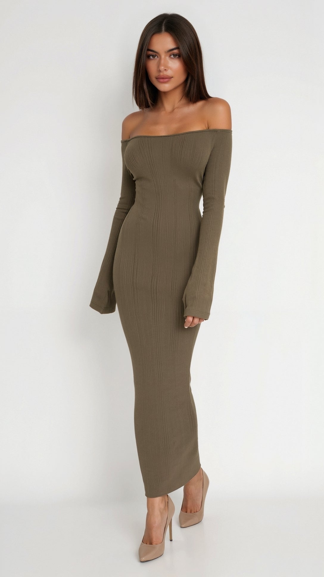 Off Shoulder Bodycon Maxi Dress with Long Bell Sleeves – Elegant Ribbed Long Dress for Women 0