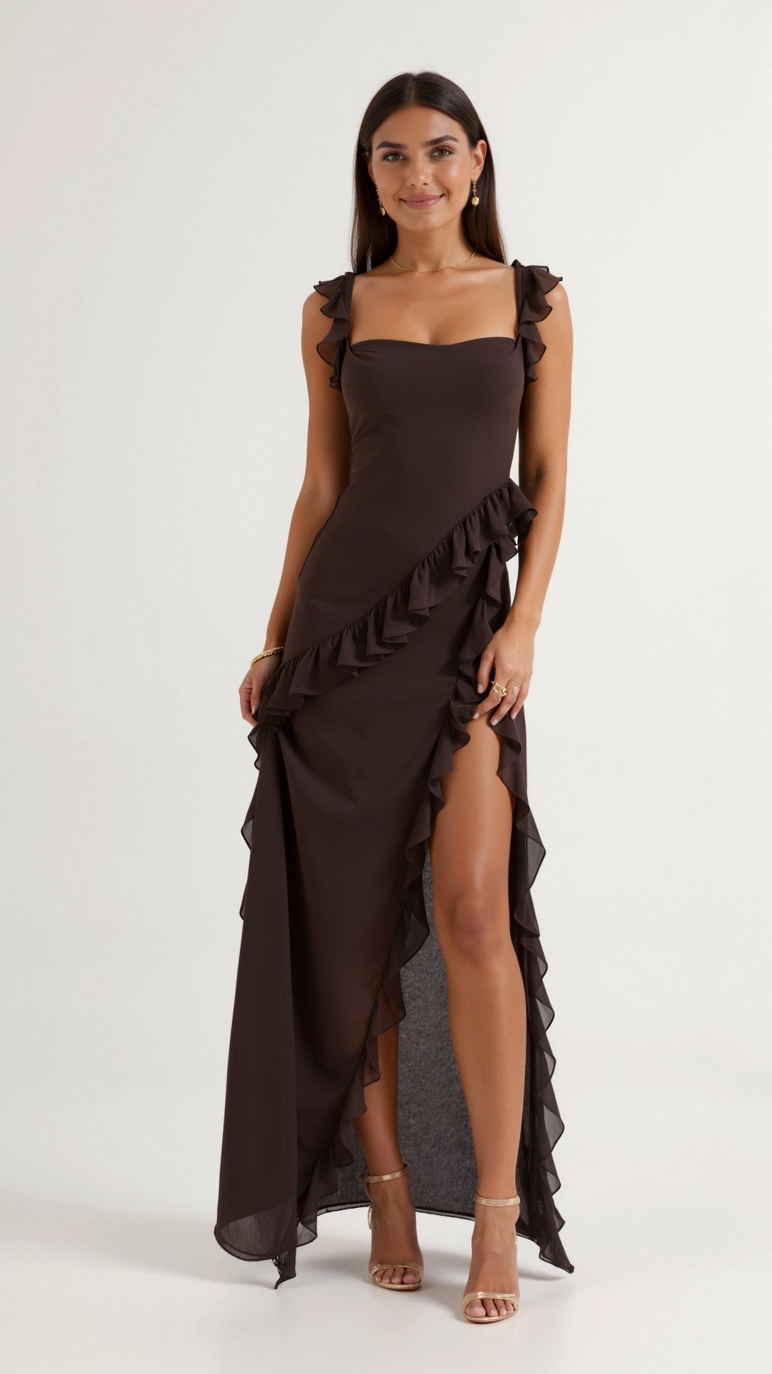 Floral Maxi Dress for Women with Cascading Ruffles and Thigh-High Slit – Elegant Long Dress for Special Occasions 0