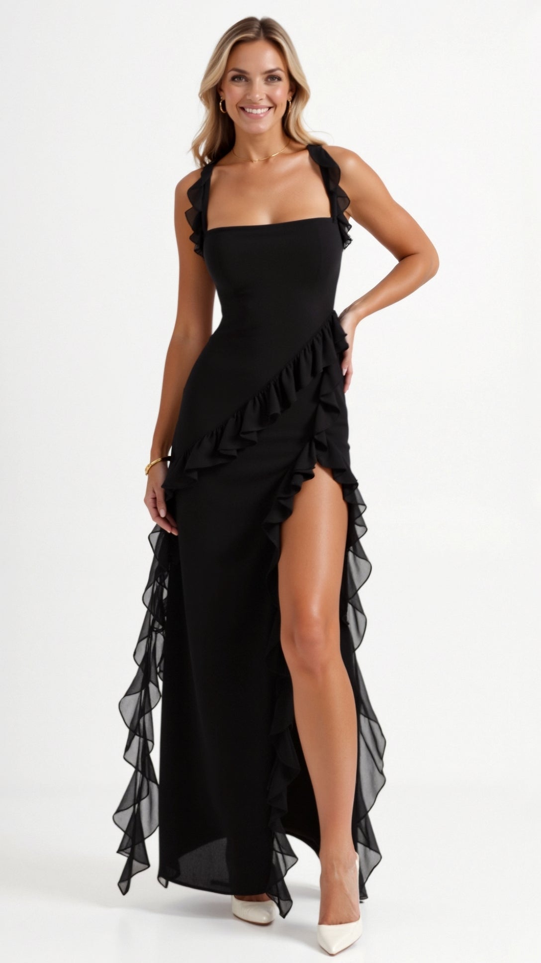 Floral Maxi Dress for Women with Cascading Ruffles and Thigh-High Slit – Elegant Long Dress for Special Occasions 11