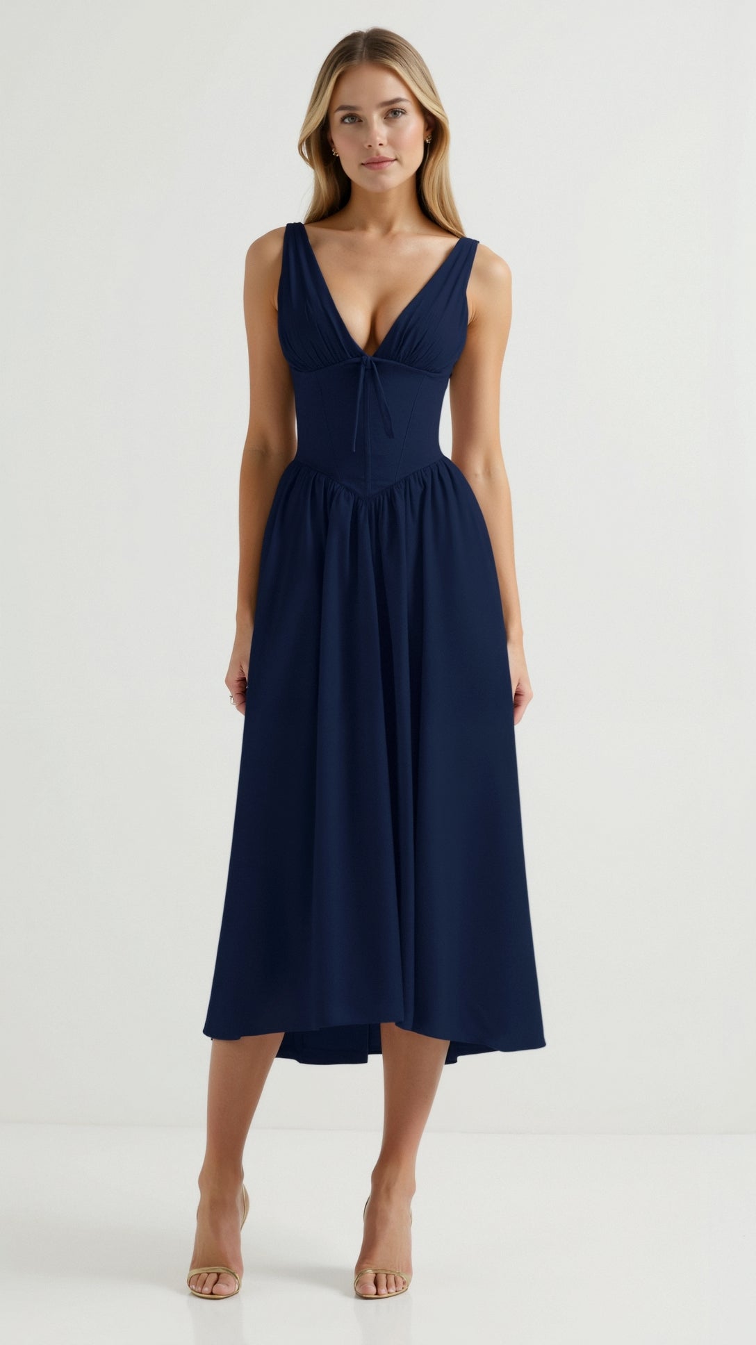 Jade Lace-Up Midi Dress for Women – Elegant A-Line Summer Dress with Ruched Bustier and Sweetheart Neckline 0