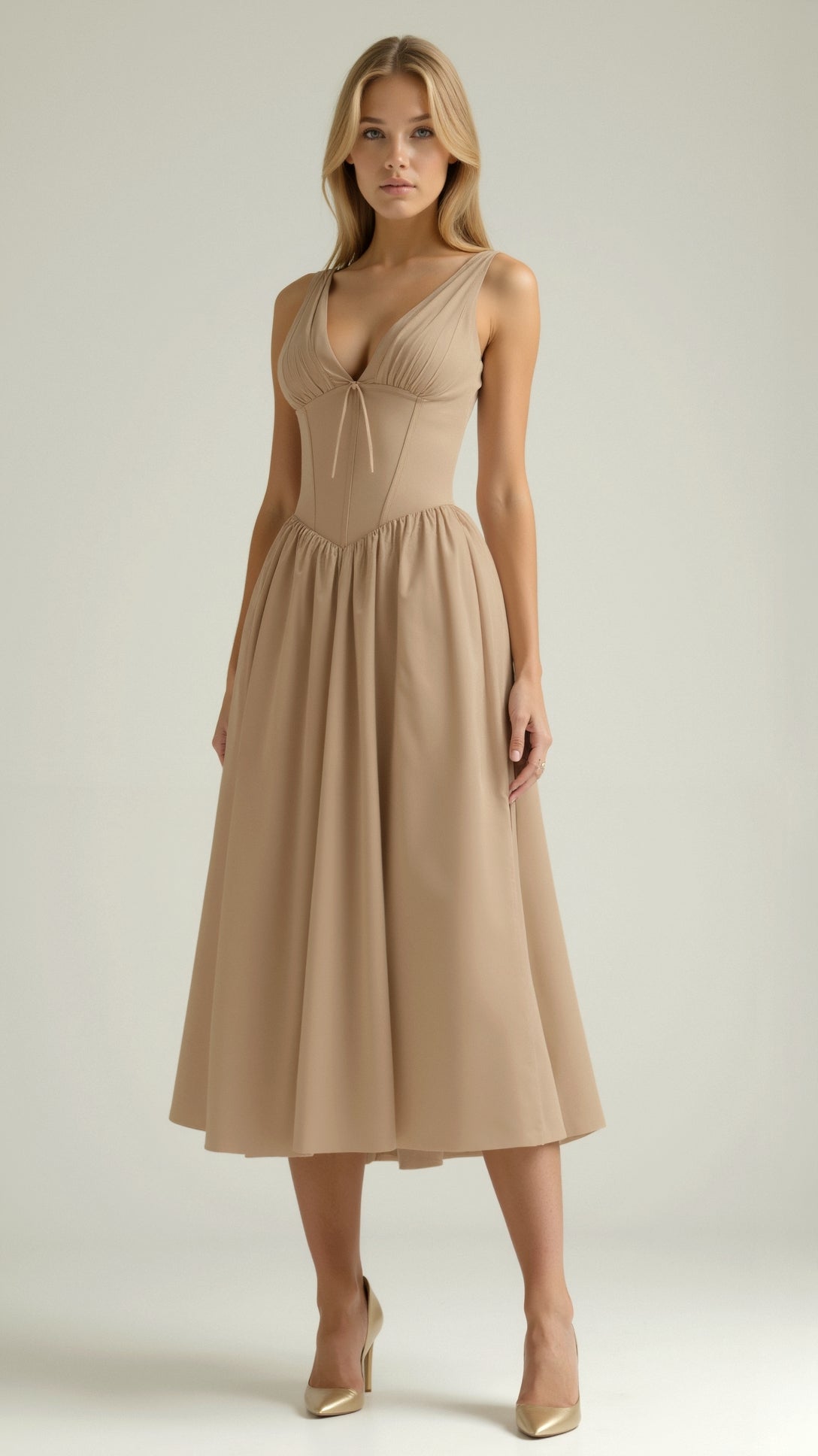 Jade Lace-Up Midi Dress for Women – Elegant A-Line Summer Dress with Ruched Bustier and Sweetheart Neckline 11