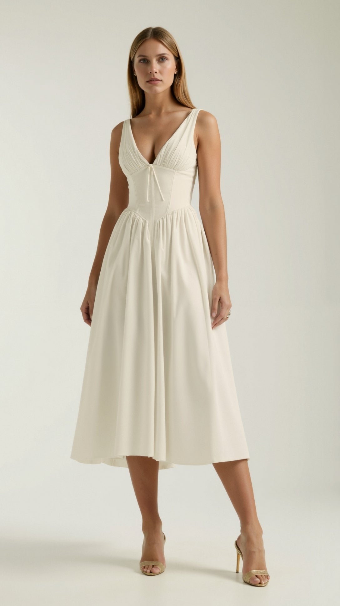 Jade Lace-Up Midi Dress for Women – Elegant A-Line Summer Dress with Ruched Bustier and Sweetheart Neckline 6