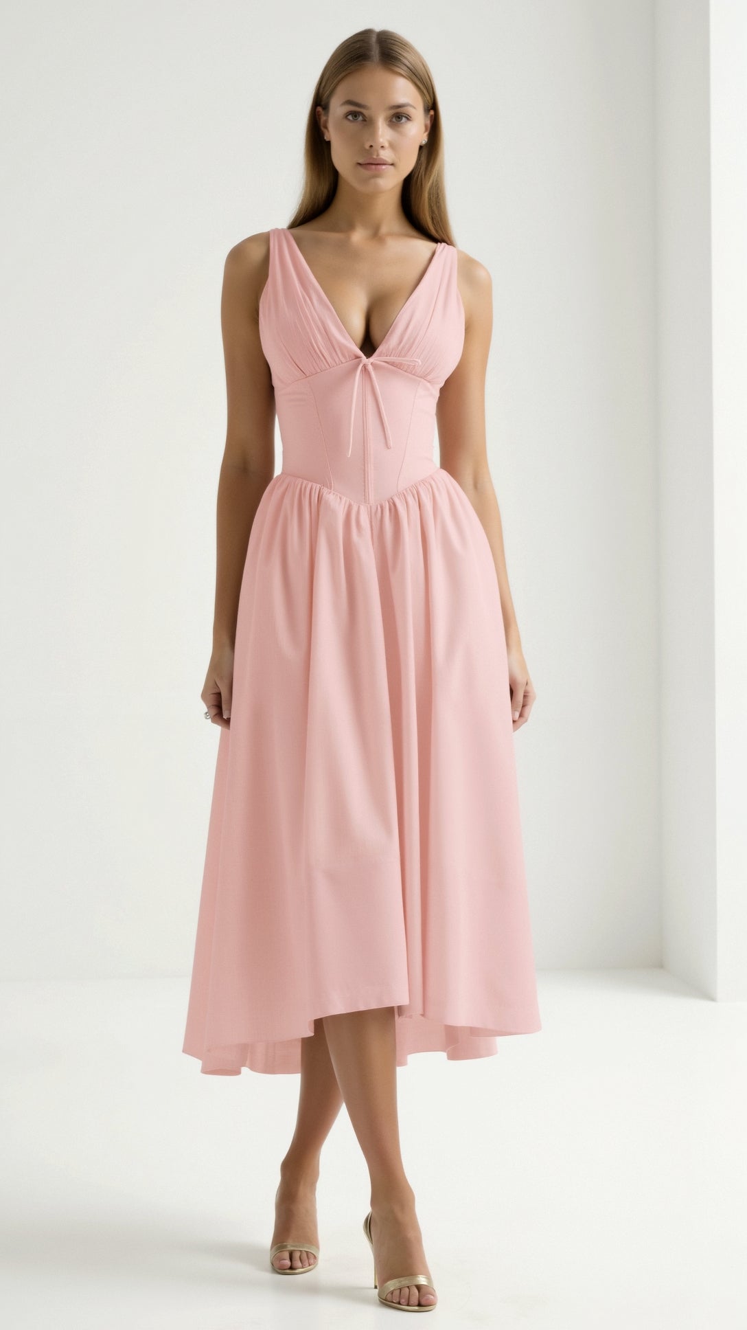 Jade Lace-Up Midi Dress for Women – Elegant A-Line Summer Dress with Ruched Bustier and Sweetheart Neckline 9