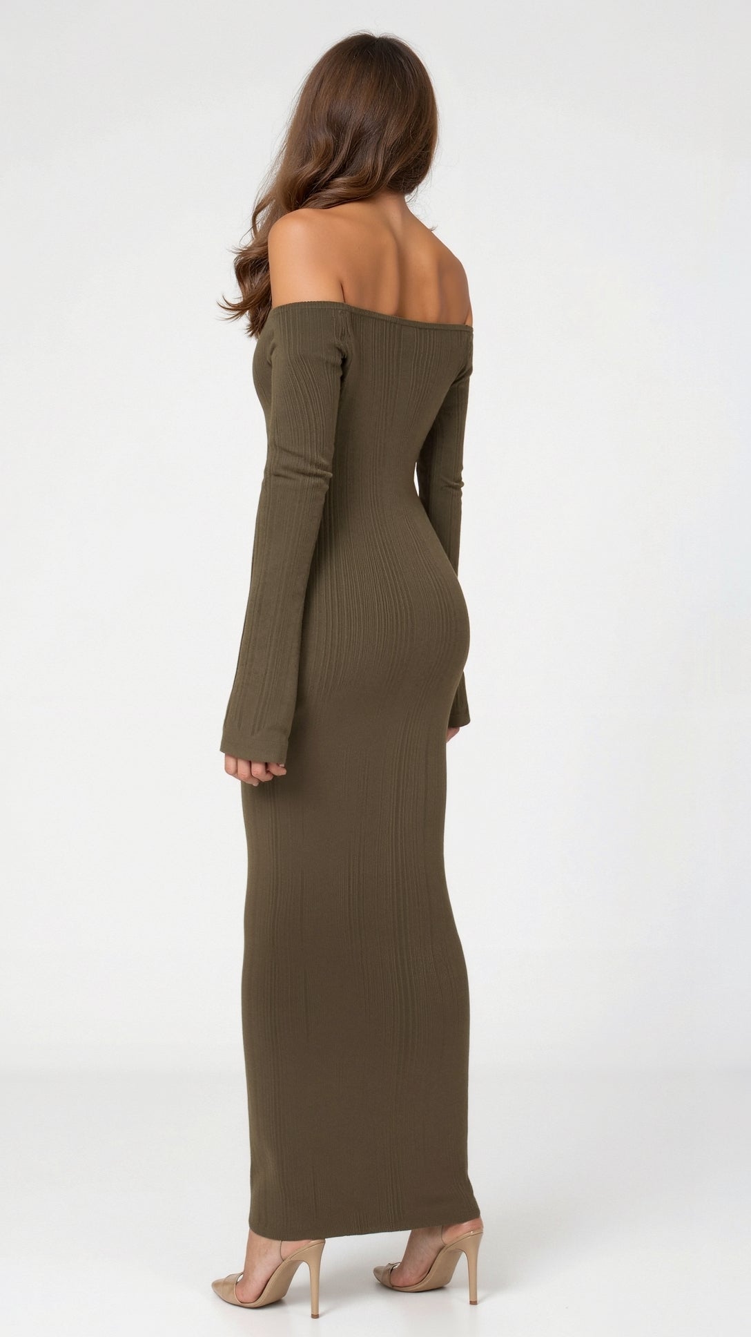 Off Shoulder Bodycon Maxi Dress with Long Bell Sleeves – Elegant Ribbed Long Dress for Women 1