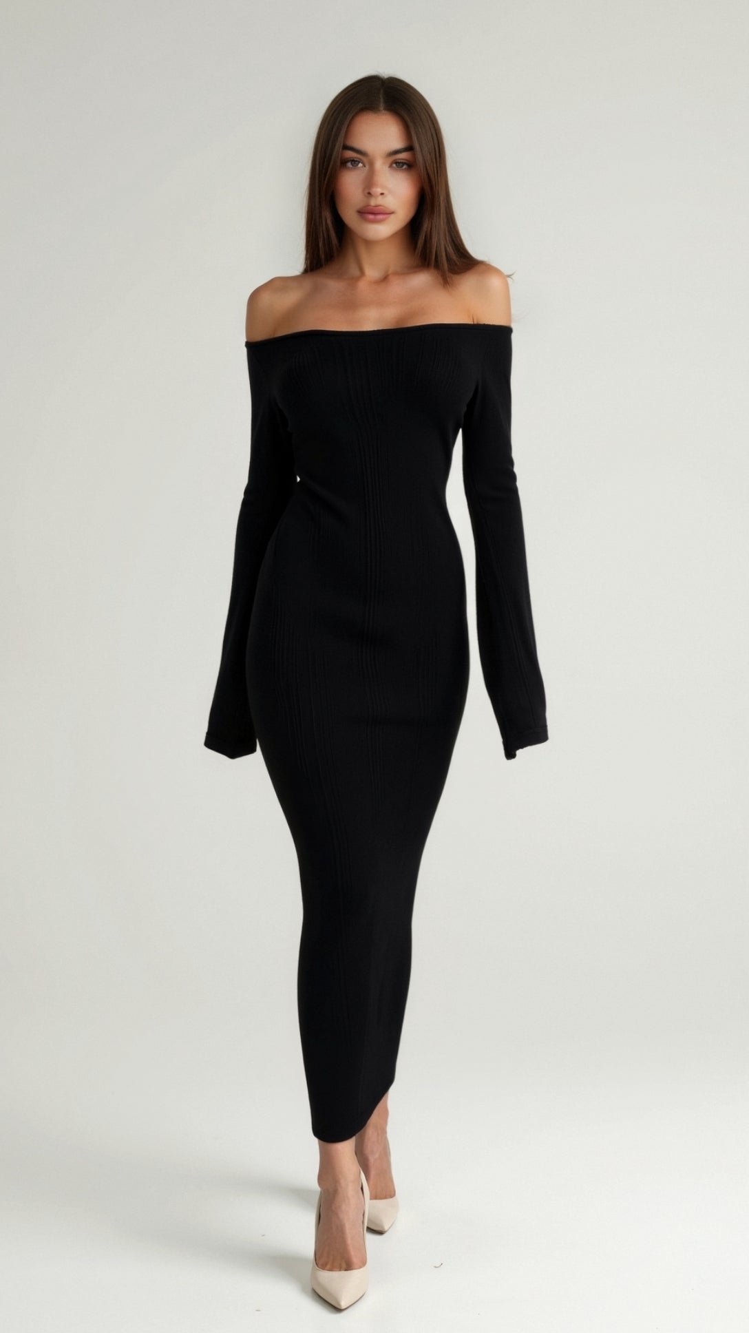 Off Shoulder Bodycon Maxi Dress with Long Bell Sleeves – Elegant Ribbed Long Dress for Women 3